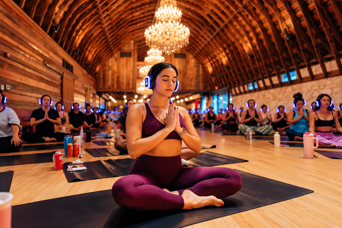 A woman in prayer pose, eyes closed, a room of meditators behind her